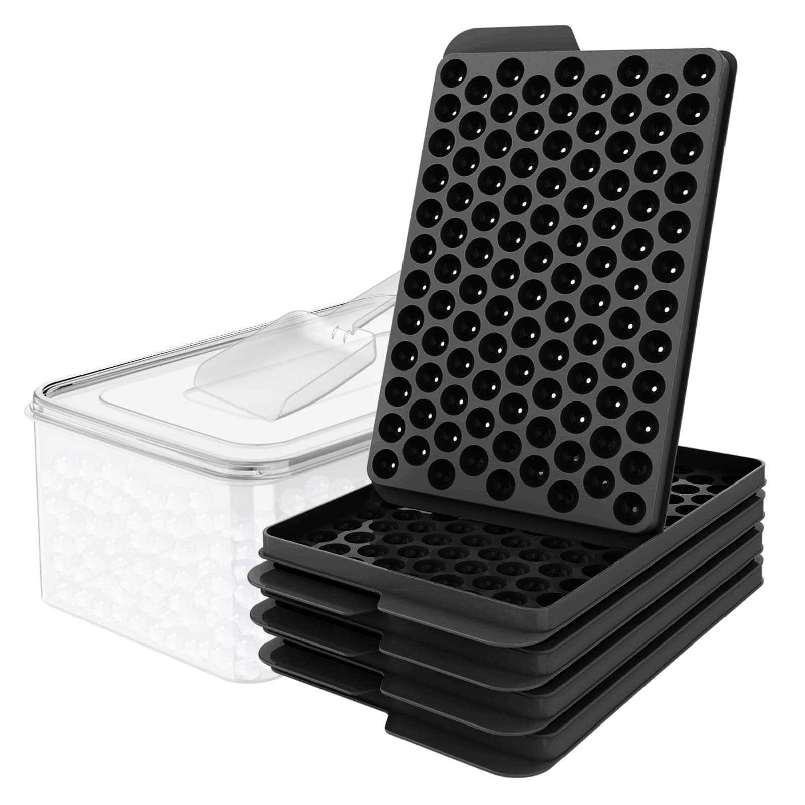 Mini Ice Cube Trays, 0.55” Tiny Pebble Ice for Iced Coffee & Cocktails, Fast Chill, Easy Twist Release, Stackable with Lid & Storage Bin (4 Pack, Black)