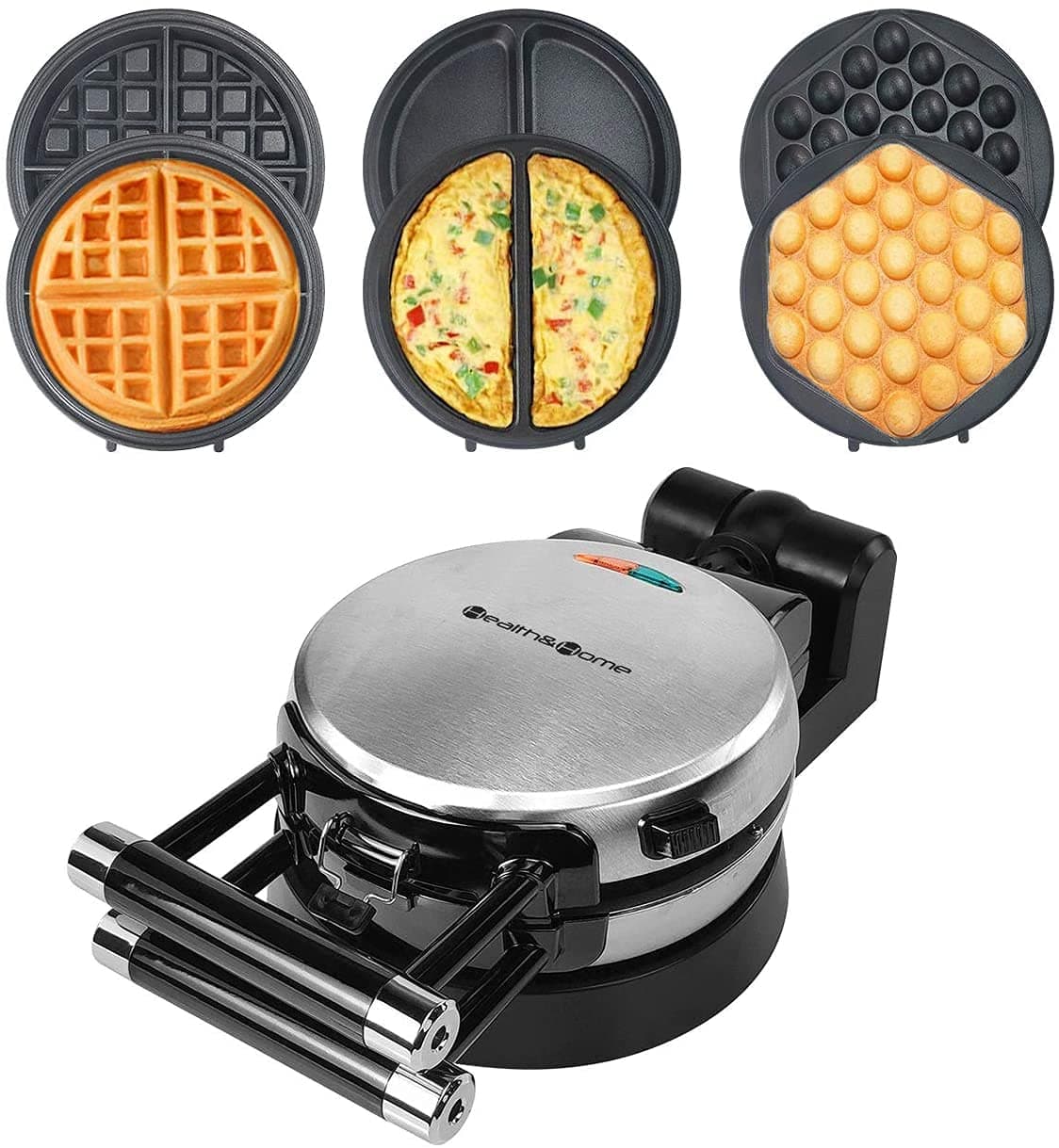3 Interchangeable Baking Plates for Making Waffles, Eggette, Omelet, Upgrade 360 Rotating Belgian Multifunction Nonstick Baking Maker.