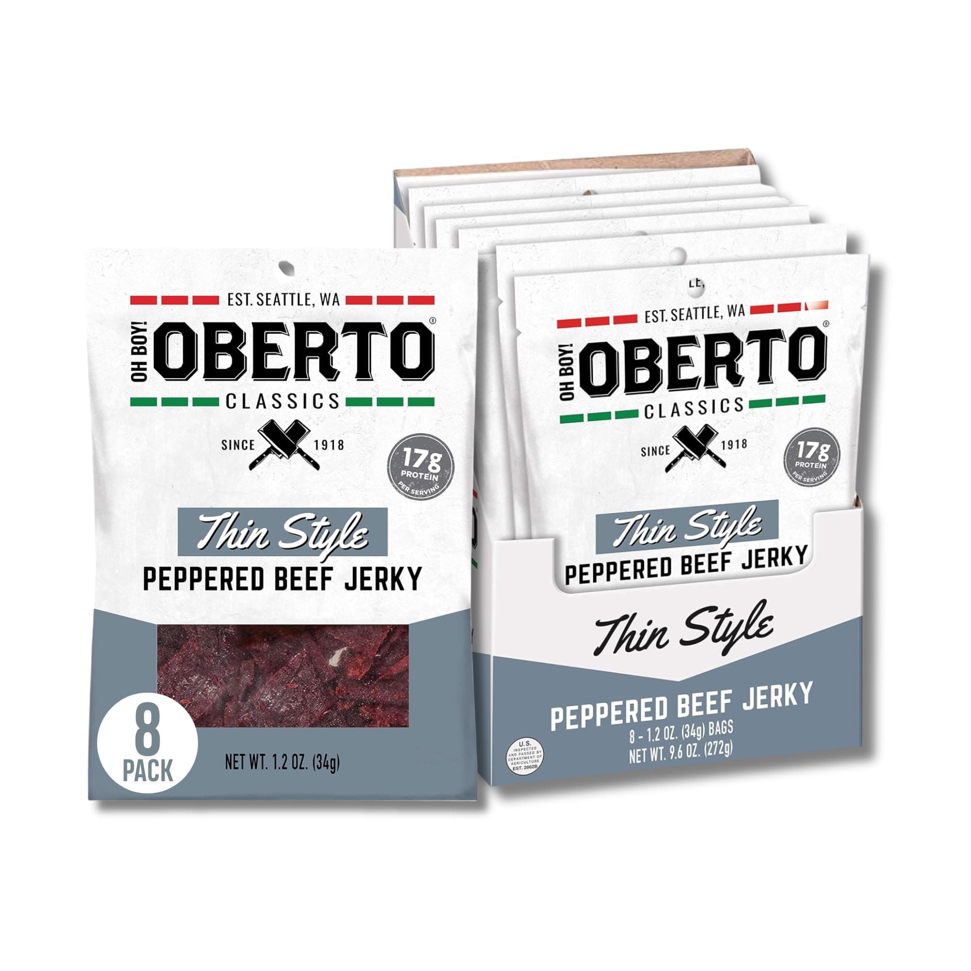 Oh Boy! Oberto Classics Thin Style Peppered Beef Jerky, 1.2 Ounce (Pack of 8)
