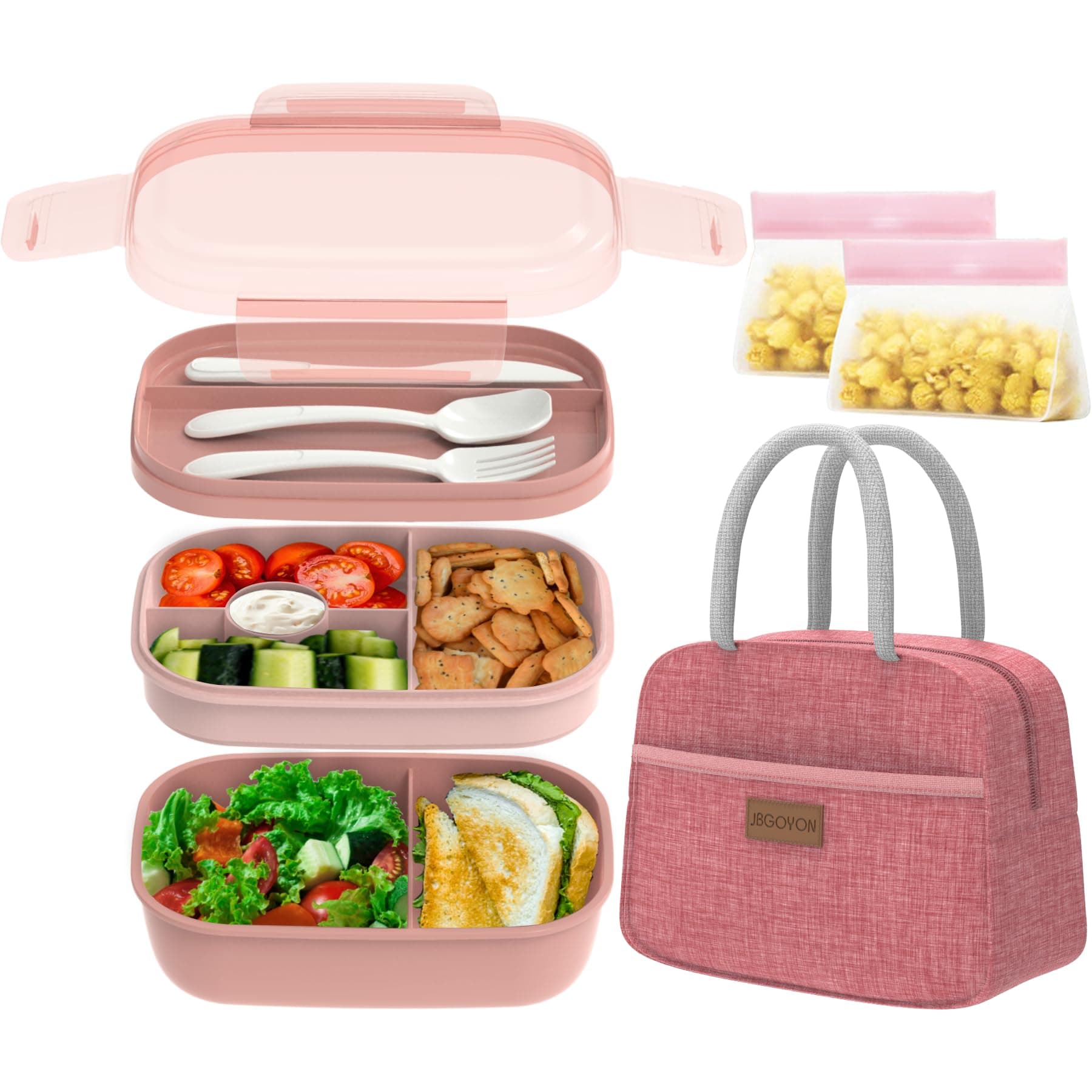 - Bento Lunch Box Set - 3 Stackable Containers for Adults and Kids,lunch box for women- Includes Lunch Bag, Leak-Proof and BPA-Free - Built-in Utensil Set - Dishwasher Safe (Pink)