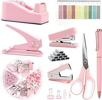 Mini Pink Office Supplies,UPIHO Pink Desk Accessories,Mini Stapler and Tape Dispenser Set, School Supplies with Mini Stapler,Tape Dispenser,Hole Punch,Staple Remover,Staples,Clips,Scissor,Pen and Tabs