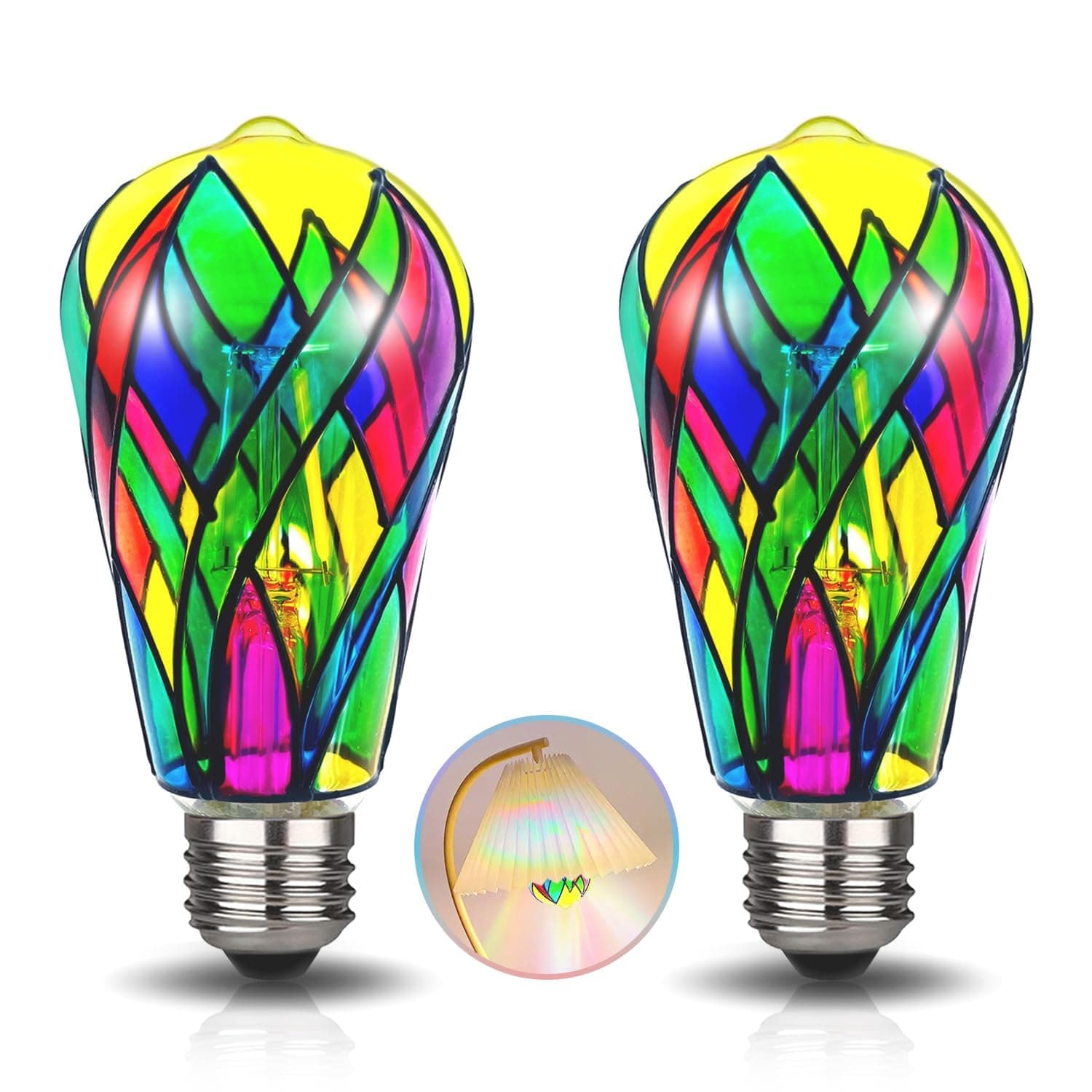 LED Stained Glass Light Bulb LED Bulbs,4W E26 Base ST19 LED Colored Light Bulb Stained Glass Bulb,for Decoration,Party,Home Lighting,Garden,Balcony,2 Pack
