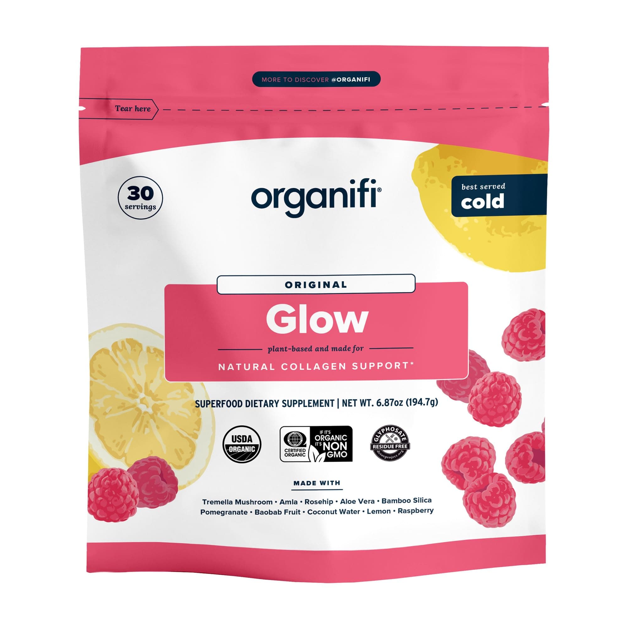 Glow - Vegan Collagen Powder for Women - Organic Flavored Water Ingredient, 30 Servings