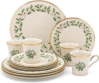 Dinnerware Set, Holiday 12-Piece Set, Service For 4, Porcelain Plate, Berry Motif With 24-Karat Gold Accents, Christmas Dinner Plates, Salad Plates And Mugs, Dishwasher Safe (Assorted, 12 Piece)