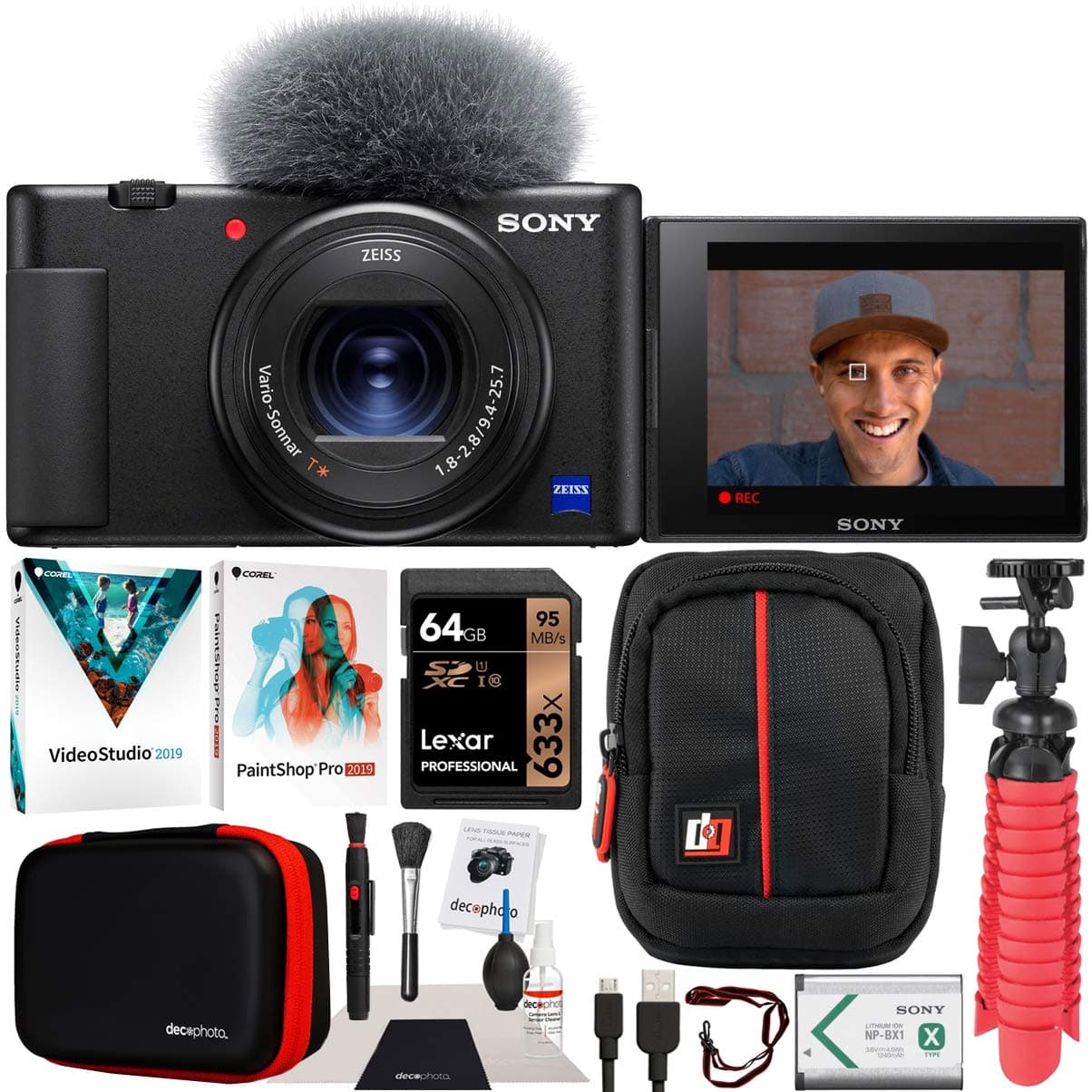 - ZV-1 Compact Digital Vlogging 4K Video Camera for Content Creators & Vloggers DCZV1/B | Official Sony USA Partner Model | Bundle with Deco Gear Case + Software Kit + 64GB Card + Compact Tripod