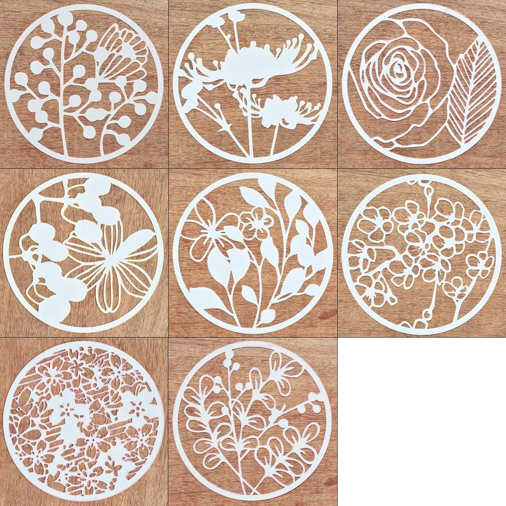 8Pcs Creative DIY Plastic Stencil Plant Flower Pattern Template Reusable Round Painting Journal Stencils for Scrapbooking