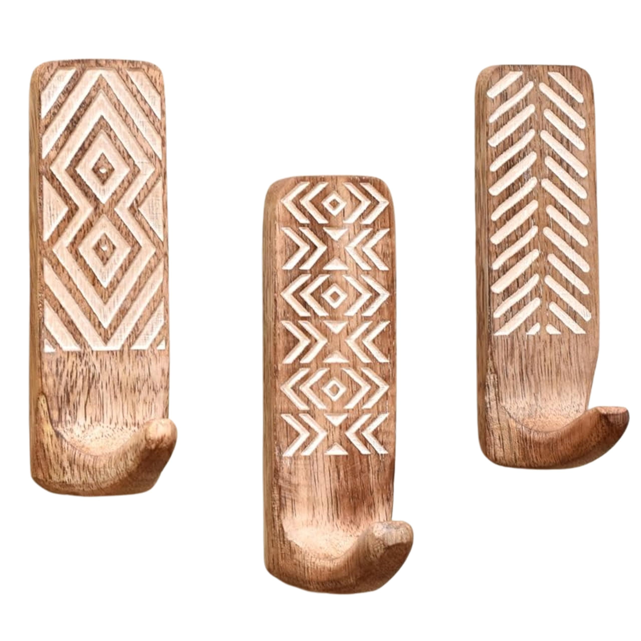 Indian Shelf Boho Wood Adhesive Wall Hooks - 3 Pack Decorative Peel and Stick Key Hooks - Unique Wall Hangers for Bathroom & Entryway