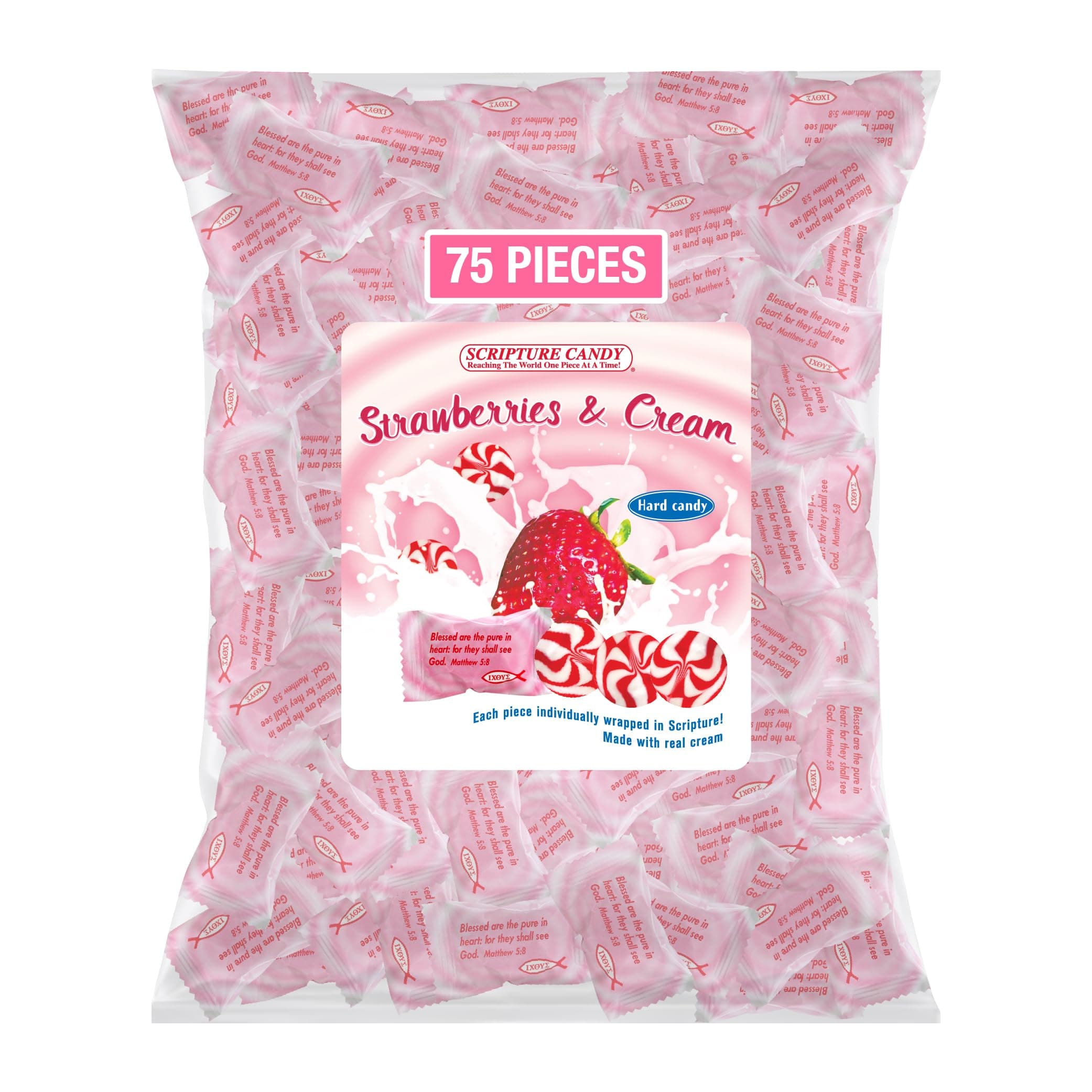 Scripture Candy, Strawberries & Cream Hard Candy 1 Pound Bag, 75 Pieces
