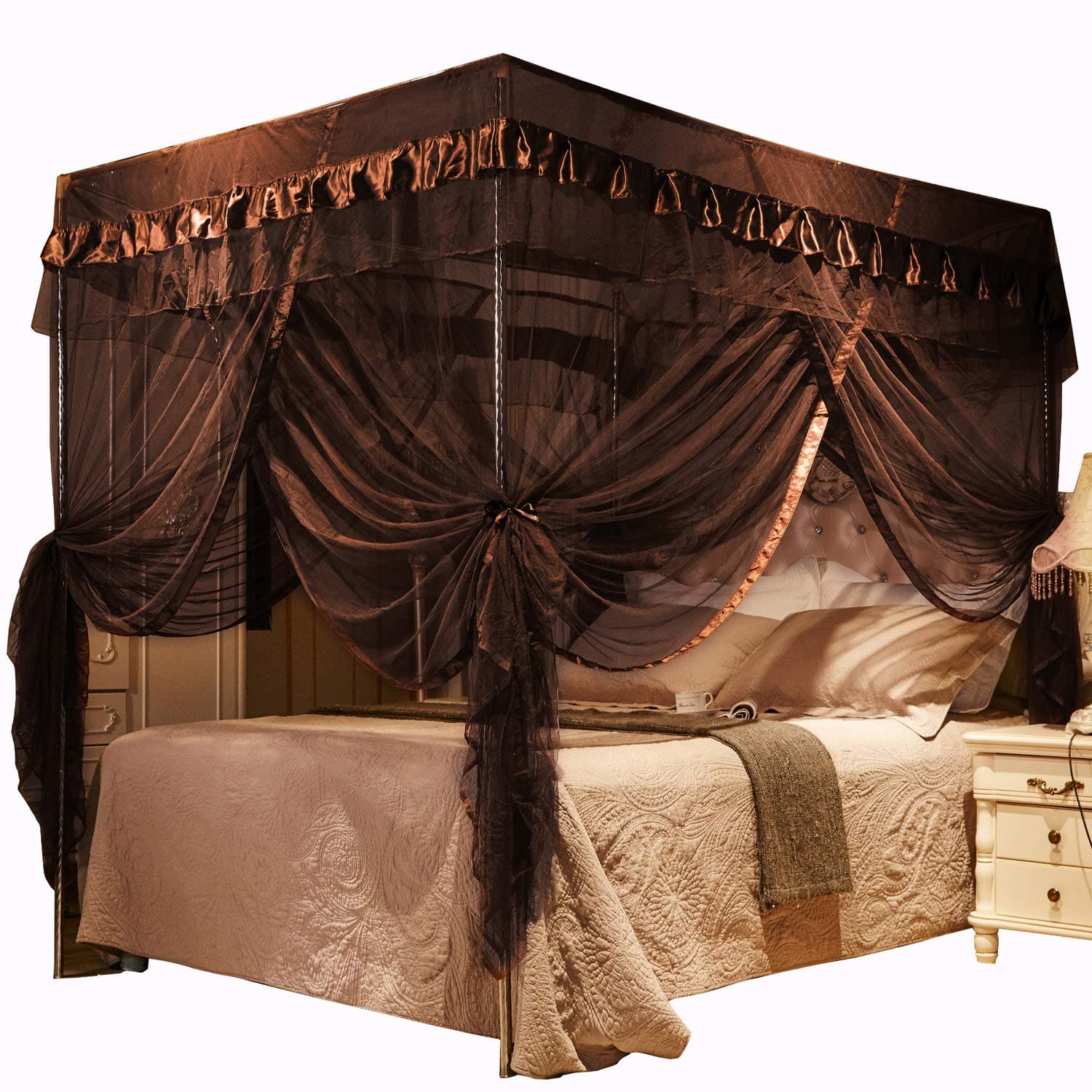 4 Corners Post Canopy Bed Curtains Canopy for Bed King Size - Royal Luxurious Mosquito Net Bedroom Decor (King, Coffee)