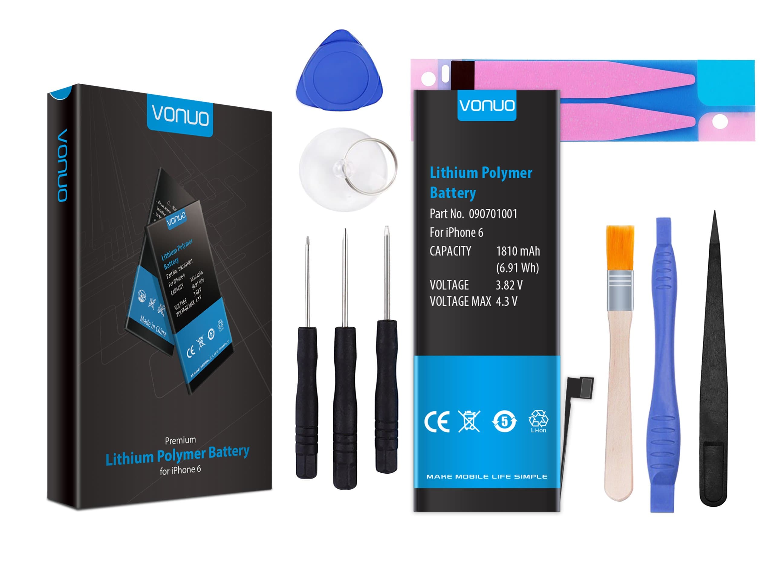 VONUO iPhone 6 Replacement Battery Set, including Tool Kit, Battery Adhesive Strip and easy Installation Guide