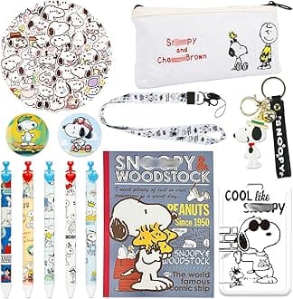 Snopy Stationery Set, Cute Case with Gel pen, Notebooks, Stickers, Keychain, Lanyard with ID Badge, Brooch, Cute Stationery set,Back to School Gifts for Girls Boys Kids