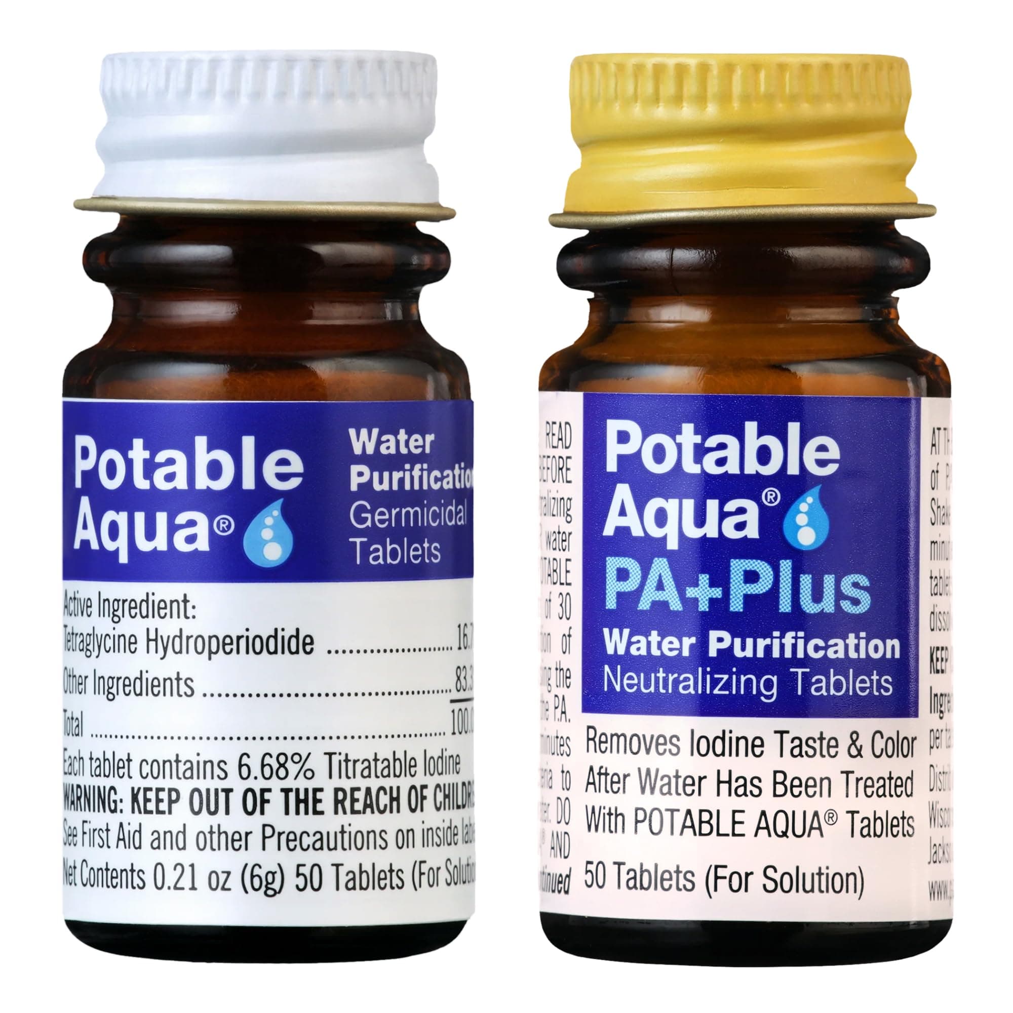 Potable Aqua Water Purification Tablets With PA Plus - Two 50 count Bottles