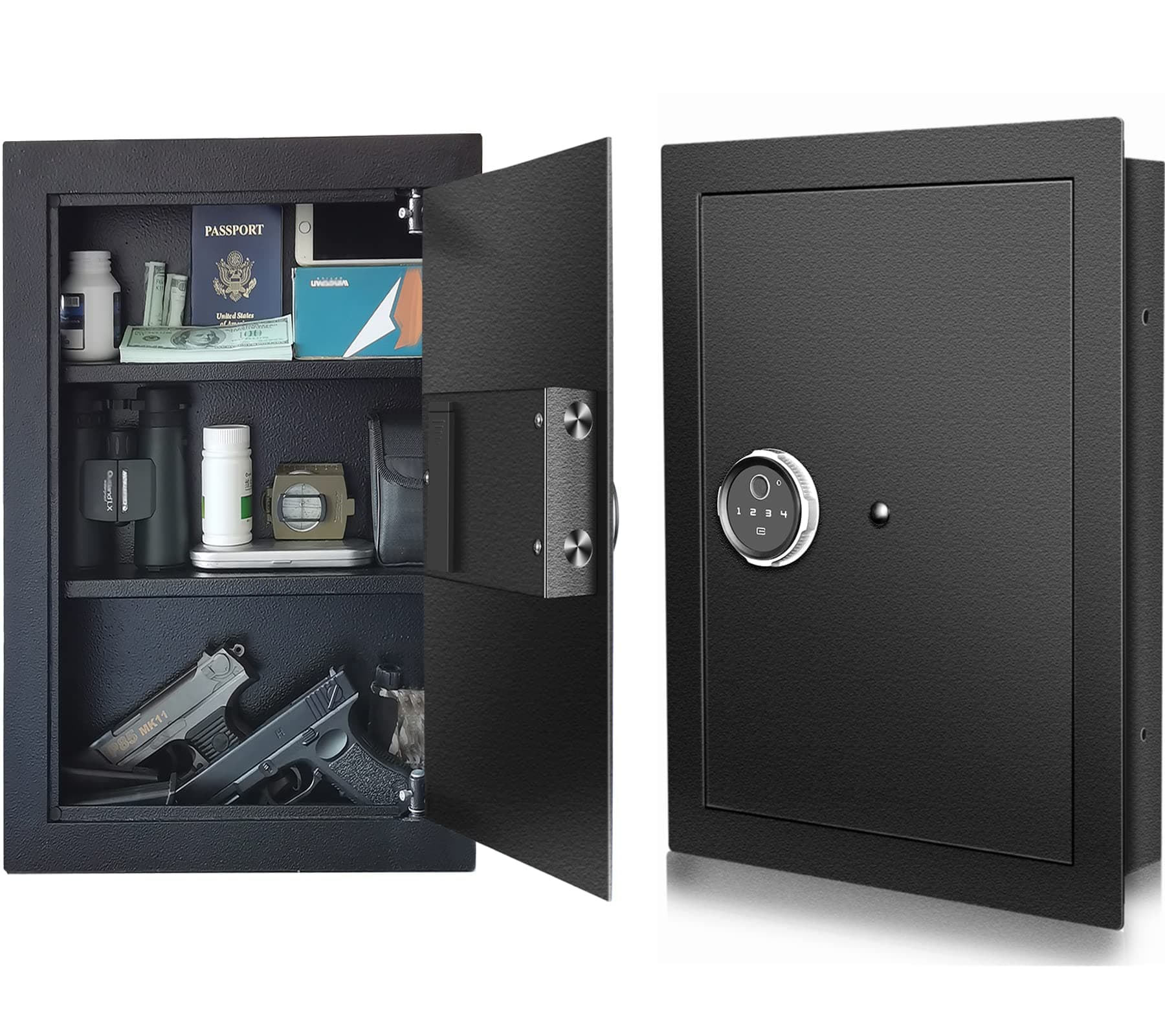 Biometric Wall Safe, Hidden Fingerprint Security Wall Safe, In Wall Safe Between Studs, Perfect for Home/Office/Hotel, Secure Handgun, Documents, Jewelry, Valuables Black