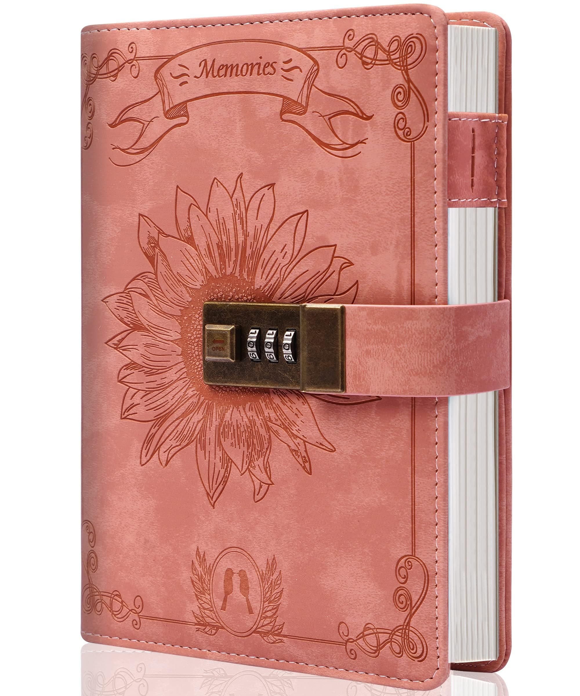 Lock Diary for Women Girls Vintage Lock Journal Refillable Personal Locking Diary Leather Locking Journal Writing Notebook B6 Secret Journal with Combination Passwords 5.5 x 7.8 in, Sunflower Pink