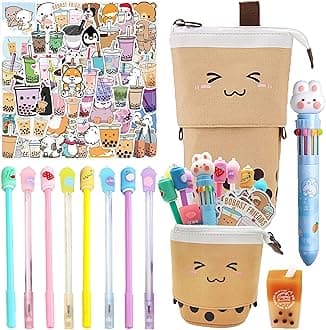 Primo Lines Kawaii Pencil Case and Complete 61 PCS Brown Kawaii Stationery Set with Pop Up Cute Boba Pencil Case, 8 Kawaii Pens, 50 Bubble Tea Stickers