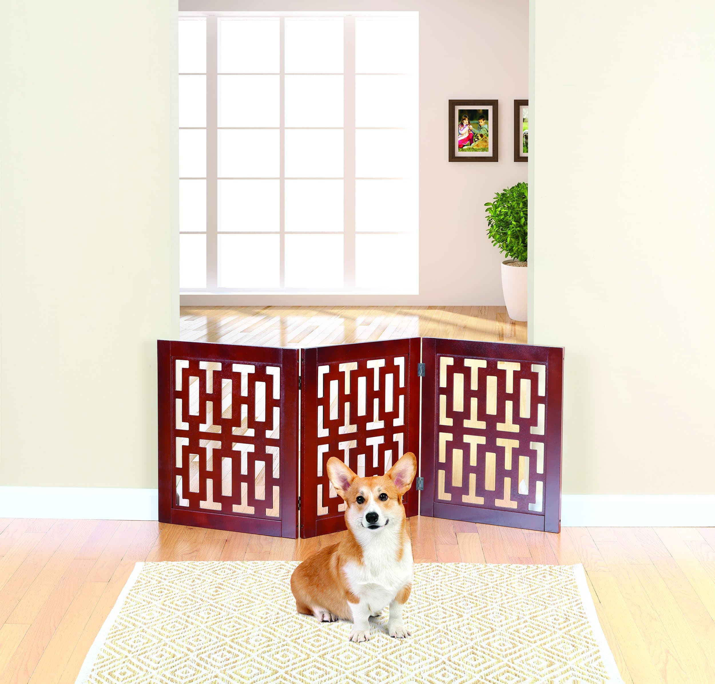 Indoor/Outdoor Modern Cut Out Solid Wood 3 Section Pet Gate