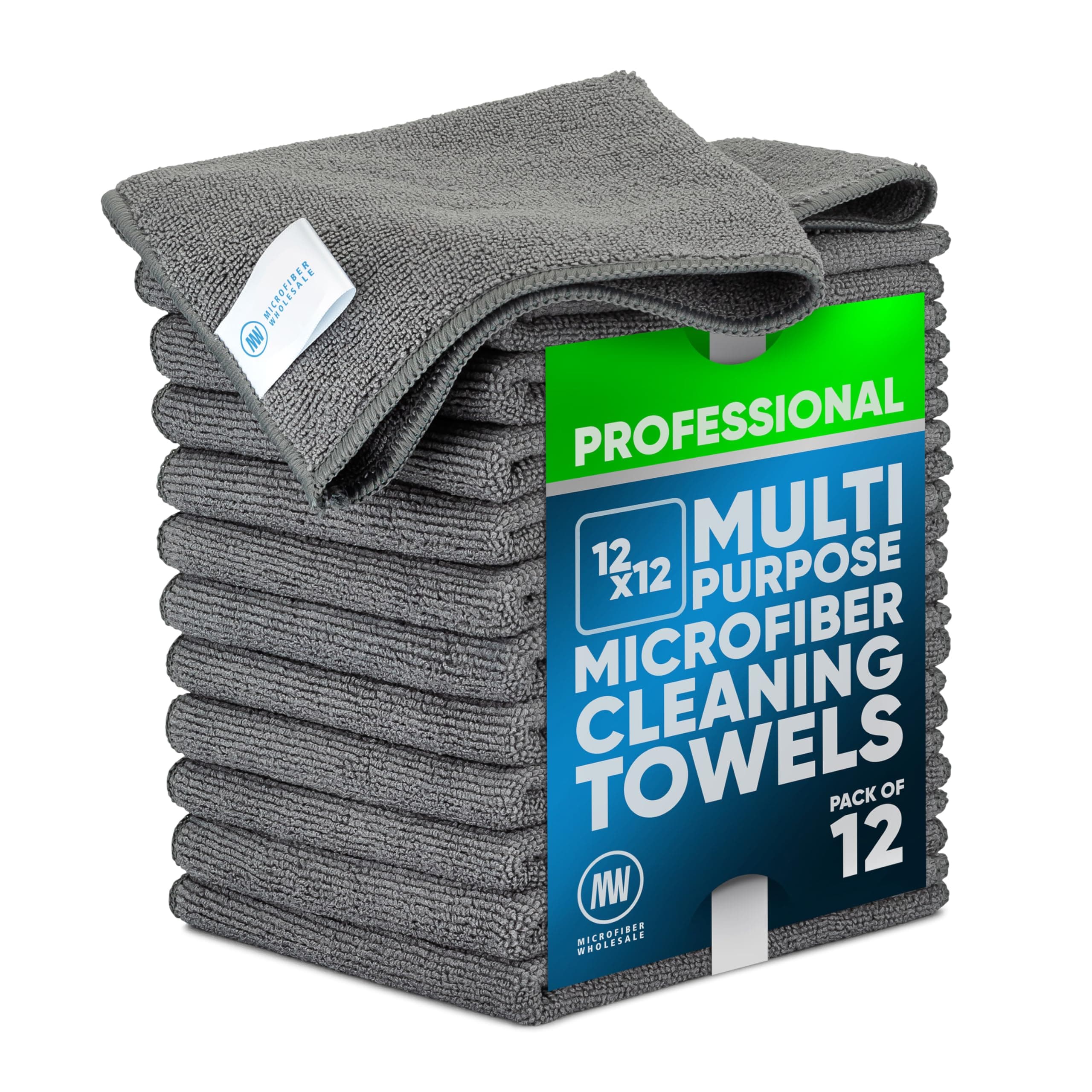 Microfiber Wholesale 12" x 12" MW Pro Multi-Surface Cleaning Cloths | Gray - 12 Pack | Premium Towels for Cleaning Glass, Kitchens, Bathrooms, Automotive, Supplies & Products
